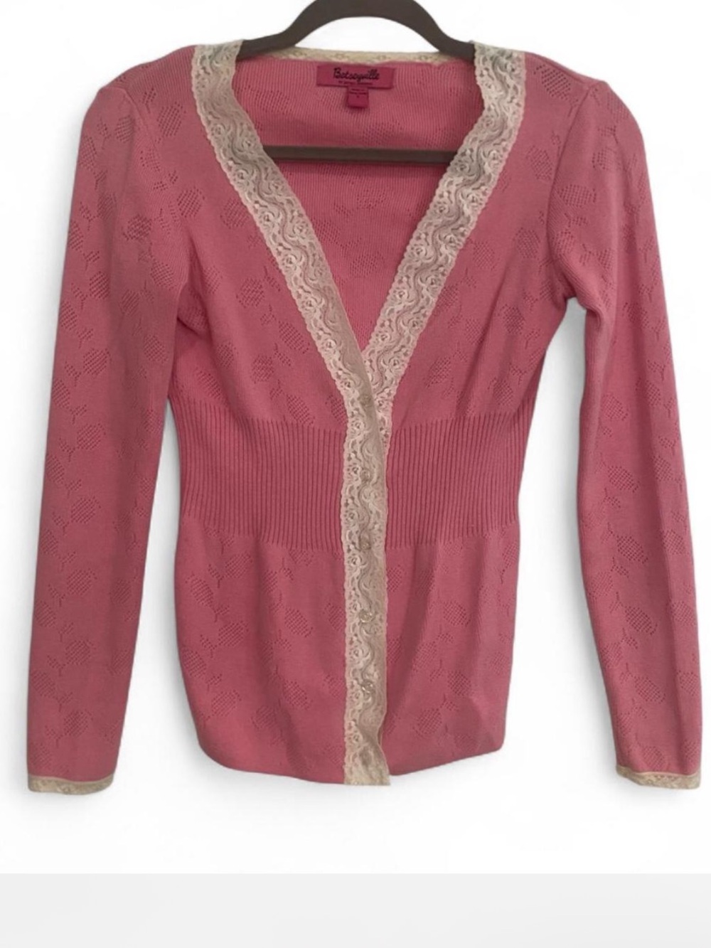 RARE Y2K BETSEYVILLE BETSEY JOHNSON PINK WHITE LACE TRIM CARDIGAN SIZE SMALL